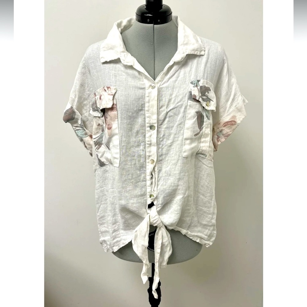 Pure Venice 100% Linen Sz S Oversized Tie Front Short Sleeve Shirt White Floral